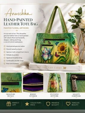 Anuschka Green Hand-Painted Floral & Butterfly Leather Shoulder Bag